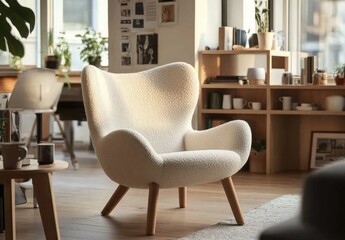 white armchair in the middle of the room, wooden table beside it, wooden shelves for books and collections, dining room table and chairs beside the window