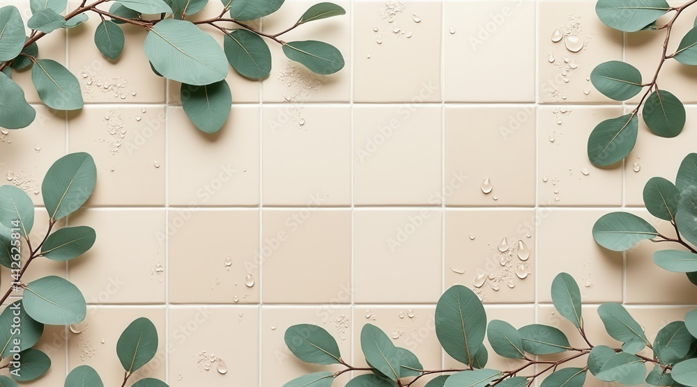 Poster a serene arrangement of green leaves on a light tiled surface, accented by water droplets, creating 