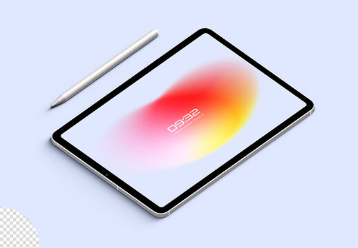 Tablet Screen With Stylus Pencil Mockup Isometric View