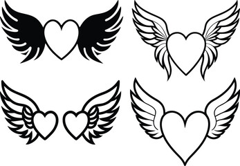 Winged Heart Outline Set – Black and White Heart with Wings Tattoo Style Vectors 