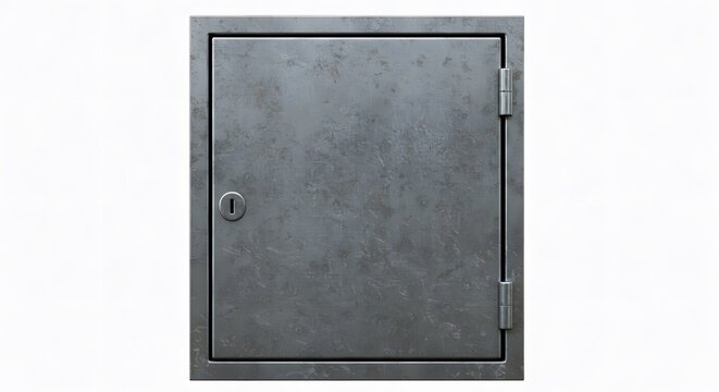 Metal Access Panel: Sturdy gray metal access panel with a simple keyhole, ideal for industrial or utility settings.  Provides a sense of security and functionality.