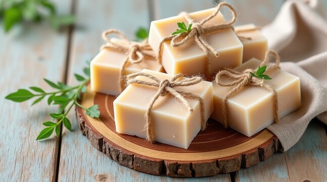 Handmade soaps arranged on a wooden board with decorative twine.