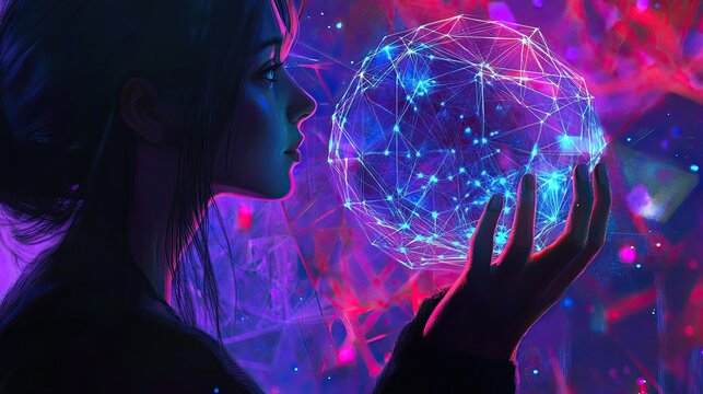 Enigmatic Woman Interfaces with Complex Holographic Data Projection