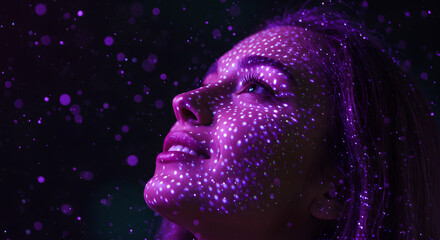 Woman with purple glitter on face looking up. Futuristic light projection art. Concept for skin care technology, future of beauty, digital face scanning and 3D avatars.