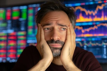 Distressed man facing stock chart showing financial crisis loss economic downturn trends  
