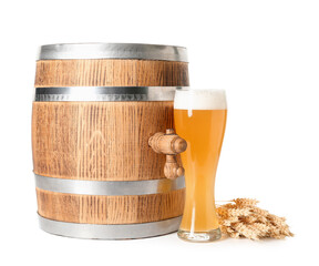 Wooden barrel and glass of cold beer on white background
