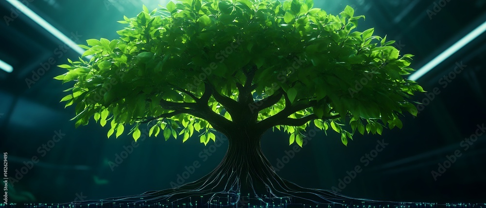 Aufkleber a tree with roots resembling circuitry in a futuristic setting