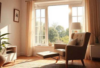 Sunlit living room, comfortable armchair by window, living room, interior
