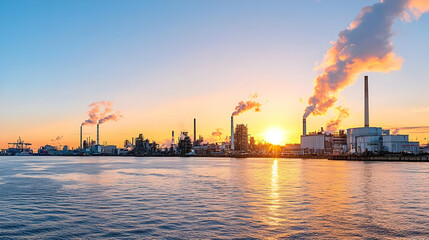 Obraz premium Sunset Over Industrial Complex by Water