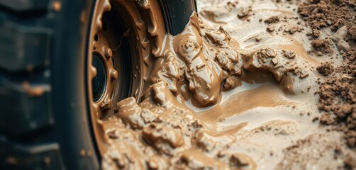 Close-up of knobby tire sinking deep in thick mud, splattered, churning, off-road, wheel