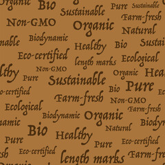 Seamless pattern with eco-friendly words like organic, bio, healthy, farm-fresh, non-GMO, and sustainable in brown tones on a natural background.