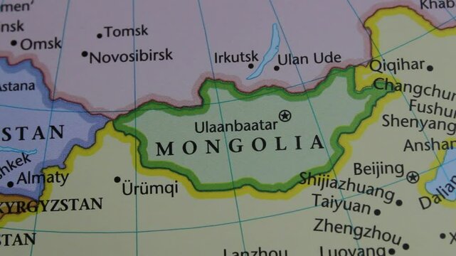 close up of the country of Mongolia viewed on a wold map as a travel concept. Mongolia on a map. Political map of Mongolia 

