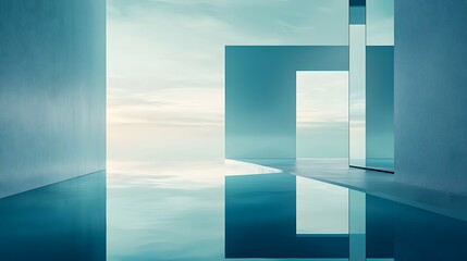 Fototapeta premium Serene Minimalist Interior Design with Reflections and Calm Waters