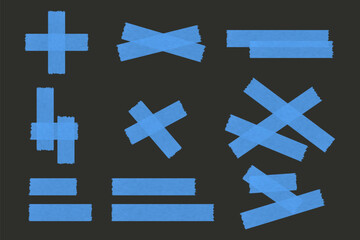 Obraz premium Set of blue adhesive tape strips in various crossed and straight shapes on dark background, isolated vector illustration for design and decoration elements.