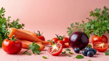 Fresh vegetables and fruits arranged on a pastel background with a focus on vibrant colors
