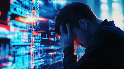 Stressed man in front of digital screen — human error and data failure concept