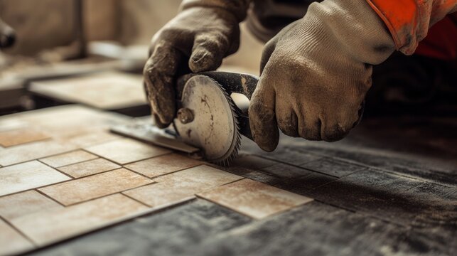 Tile setter cutting ceramic tiles with a manual cutter on a construction site. Featuring precision and craft