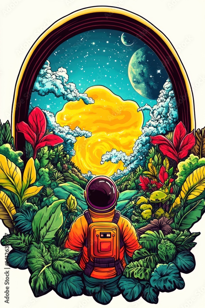 Poster astronaut gazes at a celestial view through a jungle frame