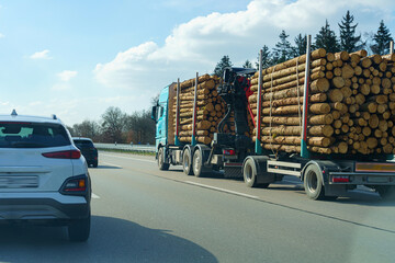 Trucks transporting logs on a highway during a sunny day with clear skies and distant trees