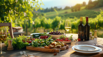Mediterranean diet spread on rustic wooden table with fresh vegetables, olive oil, and soft focus vineyard background, healthy lifestyle and nutritious eating concept.