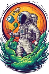 Astronaut growing plants on alien planet, with orange sky and abstract cosmic background illustration