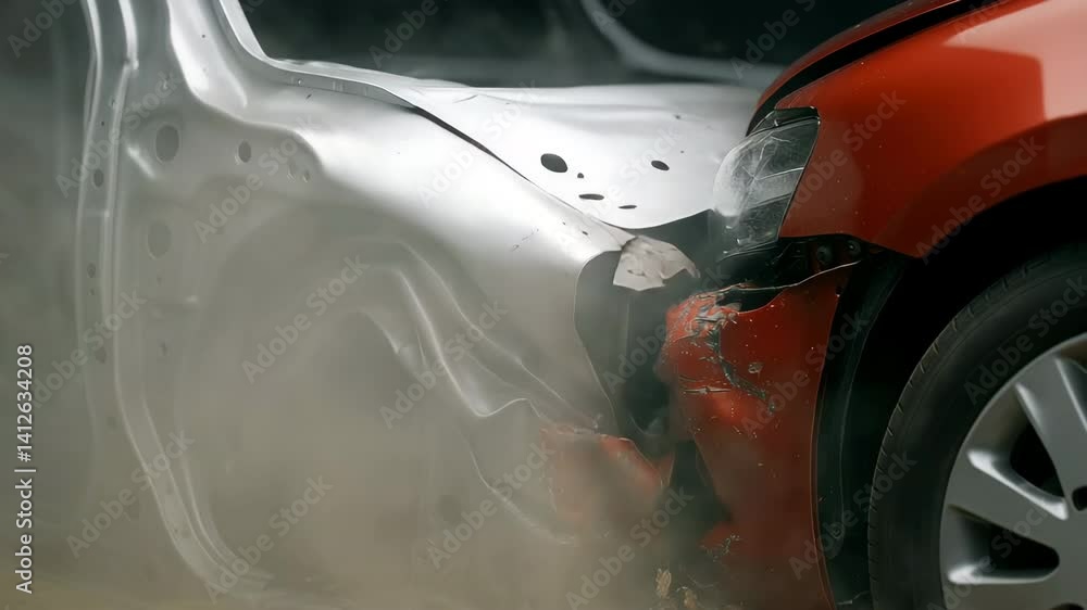 Poster engineering simulation of vehicle collision analyzing damage to metal structure and car safety featu