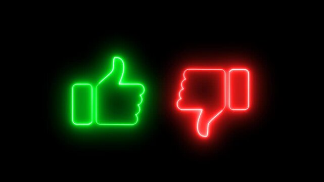 Glowing neon like and dislike icon on alpha background, animated neon thumb up and down sign icon