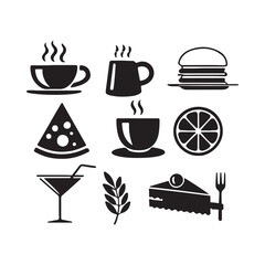 Stylish and minimalist food and drink icon set including coffee, pizza, utensils, fruits, and beverages in clean vector lines.