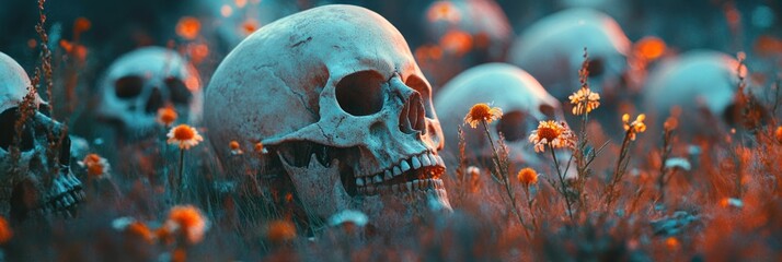 Serene decay: skulls among vibrant blooms symbolize ephemeral beauty