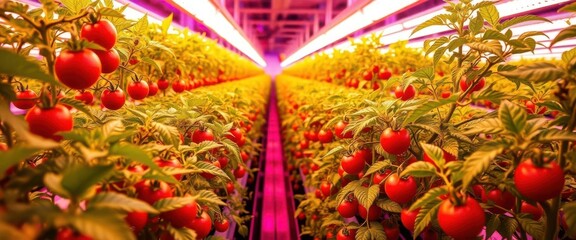 Fototapeta premium Rows of tomato plants thrive under vibrant LED grow lights in a futuristic vertical farm, hydroponics, food security
