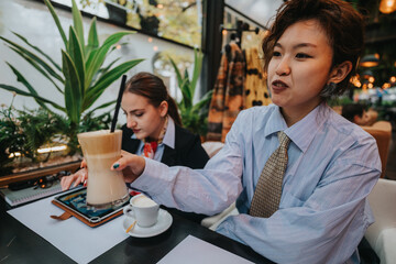 Two professional women are casually working and discussing while having coffee in a cafe. The setting emphasizes a modern and dynamic work environment integrated with relaxation and productivity.