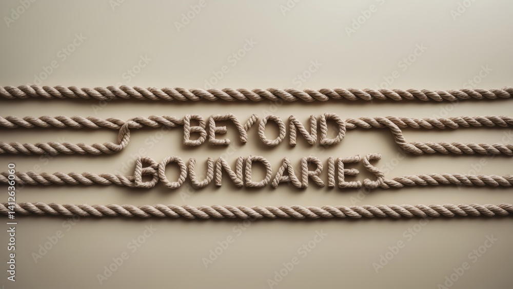 Poster rope letters forming the phrase beyond boundaries on a smooth surface, with warm tones and subtle sh