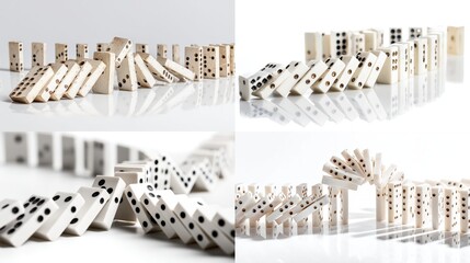 Four images of dominoes falling in different patterns on a reflective surface.