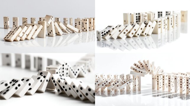 Four images of dominoes falling in different patterns on a reflective surface.