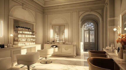 Obraz premium The beauty salon features an elegantly designed interior that brings together hairdresser and makeup artist stations, with cleverly designed mirrors that contribute to the sophisticated atmosphere of