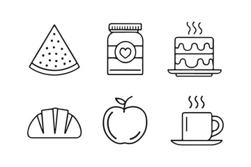 Stylish and minimalist food and drink icon set including coffee, pizza, utensils, fruits, and beverages in clean vector lines.