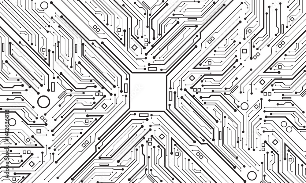 Poster Abstract black circuit board technology connected lines electronics elements computer motherboard chip processor semiconductor digital on white background vector