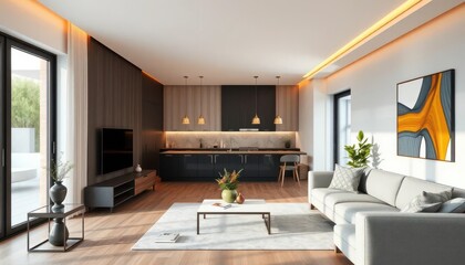 Modern stylish living room with open kitchen and entrance area, spacious, luxury