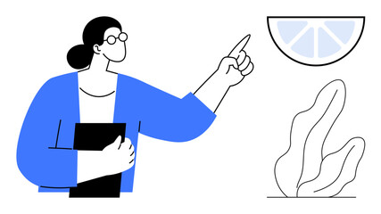 Woman with glasses holds notebook, points at lemon slice above plant. Ideal for education, creativity, presentation, health, nature, teaching concepts, simple landing page