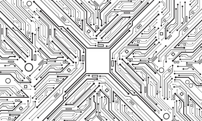 Abstract black circuit board technology connected lines electronics elements computer motherboard chip processor semiconductor digital on white background vector