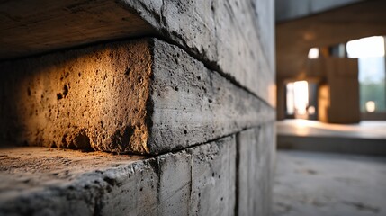 Concrete blocks stacked with subtle light hitting the texture inside an open building