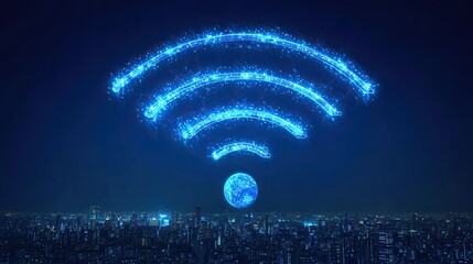 Futuristic city panorama illuminated by glowing wireless internet connectivity