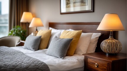 Cozy bedroom with soft pillows, lamps, and a wooden bedside table. Serene ambiance