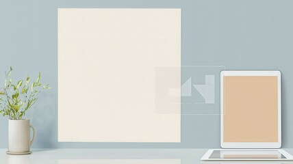 Modern workspace presentation image highlighting paper materials in a low-resolution format.