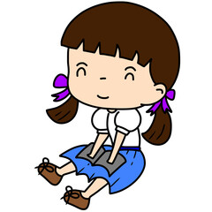 A hand-drawn cartoon of a little girl sitting and reading a book