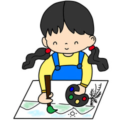 A hand-draw cartoon of a little girl coloring on paper