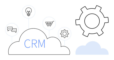 CRM platform represented with cloud image connecting gear, shopping cart, chat bubble, lightbulb icons. Ideal for customer management, business solution, innovation, workflow, e-commerce