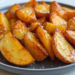 Roasted potato wedges on a dark plate close up food photography.