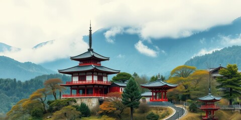 Obraz premium Serene Japanese temple nestled amongst misty mountains, ink wash style, brush, traditional