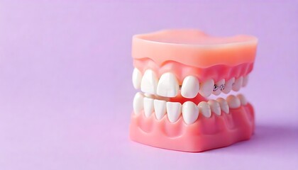 Fototapeta premium 3D model of teeth with orthodontic braces, isolated on a pastel purple background, created with generative ai